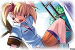  ;d against_wall ahoge arcana_heart arm_up bike_shorts blonde_hair blue_eyes blush breasts cleavage cloud curtains day demon_girl earrings fang flat_chest hair_ornament jewelry lilica_felchenerow misono_gakuen_school_uniform mizuki_gyokuran official_art one_eye_closed open_mouth orange_skirt pleated_skirt pointy_ears school_uniform short_hair short_twintails sitting skirt sky small_breasts smile solo tree twintails watermark window 