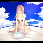  all_fours ball barefoot beach bikini blonde_hair blue_eyes cloud day fisheye front-tie_top highres lens_flare letterboxed long_hair one_eye_closed original outdoors shinoi side-tie_bikini sky solo swimsuit tongue very_long_hair 