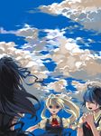  air black_hair blonde_hair blue_eyes blue_hair closed_eyes kamio_misuzu kirishima_kano long_hair ma_ru_mi multiple_girls ponytail school_uniform short_hair sky toono_minagi 