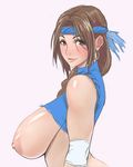  areolae blush breasts brown_eyes brown_hair earrings female headband jewelry large_breasts long_breasts long_hair nipples poin_(hidsuki) poin_(pixiv) rebecca_turner sagging_breasts saggy_breasts shirt simple_background solo super_robot_wars super_robot_wars_the_lord_of_elemental torn_clothes torn_shirt 