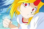  angry battle_moon_wars blonde_hair clenched_hand cloud horn hoshiguma_yuugi long_hair looking_at_viewer open_mouth parody pov red_eyes shirt sky slit_pupils solo touhou 