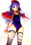  bad_id bad_pixiv_id cape fire_emblem fire_emblem:_fuuin_no_tsurugi hands hat highres lilina long_hair one-piece_swimsuit purple_eyes purple_hair simple_background solo swimsuit thighhighs xyh 
