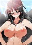  bad_id bad_pixiv_id black_hair blush breasts frown fukiyose_seiri hands_on_hips highres large_breasts long_hair nipples nude red_eyes shiny shiny_skin solo to_aru_majutsu_no_index tony_man+ wet 