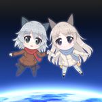  animal_ears bad_id bad_pixiv_id black_eyes cat_ears chibi coat eila_ilmatar_juutilainen green_eyes holding_hands long_hair multiple_girls neon_(neonknight) pantyhose sanya_v_litvyak scarf short_hair silver_hair smile strike_witches striker_unit white_legwear world_witches_series 