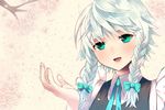  aqua_eyes bad_id bad_pixiv_id braid cherry_blossoms chirosuke hands izayoi_sakuya no_hat no_headwear open_mouth petals short_hair silver_hair smile solo touhou twin_braids 