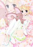  aqua_eyes azure_(capriccio) bad_id bad_pixiv_id bare_shoulders blonde_hair blush bunny hair_ornament hair_ribbon hairclip headphones jewelry kagamine_rin legs_up necklace open_mouth project_diva_(series) project_diva_2nd ribbon short_hair shorts sitting smile solo stuffed_animal stuffed_bunny stuffed_toy thighhighs vocaloid white_legwear 