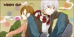  1girl accelerator ahoge animal_ears back-to-back bad_id bad_pixiv_id brown_eyes brown_hair bunny_ears gomadango last_order red_eyes romaji scarf sitting to_aru_majutsu_no_index white_hair 