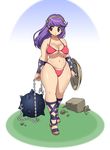  ankle_lace-up athena_(series) ball_and_chain belly bikini breasts cleavage cross-laced_footwear curvy large_breasts long_hair navel pink_eyes plump princess_athena purple_hair red_bikini sandals shield snk solo swimsuit thick_thighs thighs uno_makoto wide_hips 