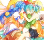  1girl aqua_hair bird blue_hair blue_scarf bow chick closed_eyes hatsune_miku hiyoyogi holding_hands kaito lying mouth_hold navel scarf scarf_bow skirt spring_onion straddling vocaloid 