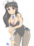  animal_ears awatake_takahiro between_breasts black_hair blue_eyes breasts bunny_ears bunnysuit leaning_forward long_hair original pantyhose solo ticket 