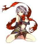  apo_(apos2721) assassin_cross breast_press breasts cleavage elbow_gloves finger_to_mouth fingerless_gloves gloves grey_hair large_breasts navel open_mouth ragnarok_online red_eyes red_scarf scarf short_hair sitting solo 