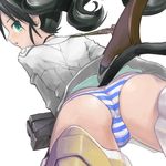  animal_ears aqua_eyes ass black_hair francesca_lucchini gun karappa looking_back panties solo strike_witches striker_unit striped striped_panties tail trefoil underwear weapon world_witches_series 