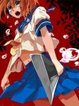  blue_eyes brown_hair foreshortening hatchet higurashi_no_naku_koro_ni ma_ru_mi oriental_hatchet ryuuguu_rena school_uniform serafuku short_hair solo tears 