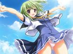  1girl baldr_sky blush game_cg green_hair kikuchi_seiji outdoors panties skirt sky solo underwear 
