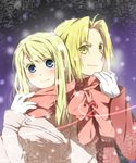  1girl bad_id bad_pixiv_id blonde_hair blue_eyes blush coat colored_eyelashes couple earrings edward_elric eyelashes fullmetal_alchemist gloves heart hetero jewelry long_hair mitsu_yomogi scarf shared_scarf smile snow white_gloves winry_rockbell winter_clothes yellow_eyes 