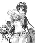  3boys akiyama_mio belt bra breasts denim dog_tags graphite_(medium) greyscale groin jeans jewelry k-on! lingerie long_hair medium_breasts monochrome multiple_boys multiple_girls navel necklace o_o panties pants panty_peek senomoto_hisashi shirt_lift striped striped_bra striped_panties tainaka_ritsu traditional_media underwear undressing very_long_hair 