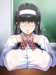  1girl areolae bangs black_hair blue_eyes blush bow bowtie breast_rest breasts breath chalkboard closed_mouth enoshima_iki glasses hairband highres indoors large_breasts long_hair looking_at_viewer muchi_muchi_jimiko_bitch_ka_nikki nipples original puffy_areolae puffy_nipples school_uniform see-through smile solo table upper_body 
