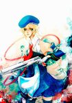  bare_shoulders beret blazblue blonde_hair bolverk detached_sleeves dress dual_wielding green_eyes gun handgun hat holding necktie noel_vermillion prodigy_bombay short_hair solo thighhighs weapon 