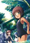  :d adjusting_clothes adjusting_swimsuit ball beachball blue_hair brown_eyes brown_hair butterfly_net covered_navel flat_chest forest green_eyes hand_net long_hair multiple_girls nature one-piece_swimsuit open_mouth original purple_eyes school_swimsuit short_hair side_ponytail smile swimsuit tan wading water wet yukino_minato 