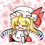  :d ^_^ blonde_hair blush bow chibi closed_eyes fang flandre_scarlet happy hat hat_ribbon heart kedama open_mouth ribbon side_ponytail sitting sitting_on_lap sitting_on_person smile solo touhou wings yashio |_| 