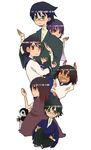  6+girls bad_id bad_pixiv_id bird black_hair blanket bob_cut dark_skin fuura_kafuka glasses green_eyes hair_ornament hairclip hakama hands itoshiki_majiru itoshiki_nozomu japanese_clothes komori_kiri long_hair multiple_girls penguin red_eyes sayonara_zetsubou_sensei school_uniform sekiutsu_maria_tarou serafuku short_hair simple_background skirt smile tsunetsuki_matoi 