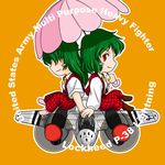  aircraft airplane ascot blush_stickers chibi commentary dual_persona green_hair kazami_yuuka kazami_yuuka_(pc-98) military multiple_girls p-38_lightning pants plaid plaid_pants plaid_vest red_eyes sakurato_tsuguhi short_hair touhou touhou_(pc-98) umbrella vest world_war_ii 