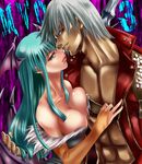  1girl abs aqua_hair bare_shoulders blue_eyes breast_press breasts bridal_gauntlets capcom cleavage collarbone crossover dante_(devil_may_cry) devil_may_cry evil_smile head_tilt head_wings imminent_kiss jacket large_breasts lips long_hair looking_at_viewer marvel_vs._capcom marvel_vs._capcom_3 morrigan_aensland nagare open_clothes open_shirt shirt sidelocks silver_hair smile upper_body vampire_(game) 