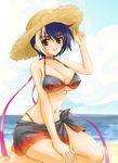  bad_id bad_pixiv_id beach bikini black_bikini black_sarong blue_hair blush breasts brown_eyes choker cleavage cloud day flame_print gien hat highres kneeling koihime_musou large_breasts mali multicolored_hair navel outdoors print_sarong sarong seiza shin_koihime_musou shiny shiny_skin short_hair sitting smile solo straw_hat sun_hat swimsuit two-tone_hair underboob water white_hair 