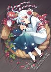  absurdres animal_ears bunny_ears dj_max fetal_position flower full_body h2so4 hair_flower hair_ornament highres japanese_clothes kimono kouhaku_nawa lying obi on_side plantar_flexion red_eyes sandals sash short_hair smile socks solo suee tabi white_hair 