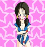  bad_id bad_pixiv_id black_hair blue_eyes blush bracelet breasts cleavage dougi dragon_ball dragon_ball_z jewelry karate_gi medium_breasts shirt_tug star twintails umigraphics videl 