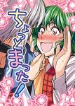  1girl ascot blush chin_grab choker couple eye_contact flustered glasses green_hair hands_up hetero kazami_yuuka looking_at_another morichika_rinnosuke open_mouth plaid plaid_vest red_eyes satou_yuuki short_hair silver_hair sweat touhou translated vest wavy_mouth 