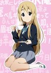  blonde_hair blue_eyes cup k-on! kneeling kotobuki_tsumugi long_hair saucer school_uniform solo teacup text_focus wall_of_text yamasaki_wataru 