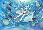  animal_ears bare_shoulders barefoot bikini blue_eyes bubble dated dolphin feet heart legs long_hair mosho no_nose original side-tie_bikini signature solo swimsuit tail traditional_media underwater water watercolor_(medium) white_hair wolf_ears wolf_tail 