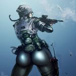  1girl amrrr ass black_hair body_armor dokkaebi glasses gun hat huge_ass pants rainbow_six_siege solo thick_thighs thighs tight tight_pants weapon wide_hips 