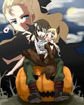  3girls animal_ears artist_request bandage bandage_over_one_eye bandages barefoot blonde_hair blue_eyes boots brown_hair cigarette elizabeth_f_beurling elma_leivonen fang heart jack-o&#39;-lantern jack-o'-lantern long_hair mika_ahonen multiple_girls open_mouth pumpkin sitting strike_witches yuri 