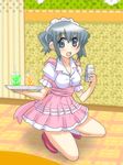  :d blush drink full_body glass hidamari_sketch indoors karuta_(karuta01) kneeling liquid looking_at_viewer maid maid_headdress nori open_mouth smile solo tray waitress 