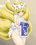  animal_ears apron blonde_hair blush breasts cleavage fox_tail hat huge_breasts jpeg_artifacts koutarou_(plusdrive) multiple_tails naked_apron no_bra no_panties smile solo tail touhou yakumo_ran yellow_eyes 