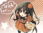  alternate_costume bag black_hair bread brown_eyes carrying carrying_under_arm dress food food_themed_hair_ornament from_above frown hair_ornament halloween jack-o'-lantern looking_up melon_bread orange_dress pointing pointing_up pumpkin pumpkin_hair_ornament sack shakugan_no_shana shana tachitsu_teto trick_or_treat 