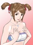  bandeau bare_shoulders brown_eyes brown_hair double_bun earrings hands_on_own_chest jewelry monster_hunter necklace oshiyan solo strapless tubetop twintails 