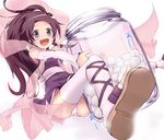  black_hair elysia_de_lute_ima gloves hair_ornament jar kami_nomi_zo_shiru_sekai long_hair open_mouth panties ponytail purple_eyes sandals skull_hair_ornament smile solo taicho128 thighhighs underwear 