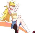  ahoge blonde_hair blue_eyes breasts female long_hair lowres navel open_mouth panty_&amp;_stocking_with_garterbelt panty_(character) panty_(psg) ponytail simple_background sitting skirt small_breasts solo suguru_(godai_fifth) tank_top white_background 