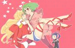  ahoge blonde_hair blue_eyes blue_hair blush carrying green_hair high_heels jacket_on_shoulders jewelry legs long_hair macross macross_frontier macross_frontier:_itsuwari_no_utahime mechi multiple_girls necklace open_mouth pantyhose pilot_suit ponytail princess_carry ranka_lee red_eyes ribbon ring saotome_alto sheryl_nome shoe_ribbon shoes short_hair short_shorts shorts smile 