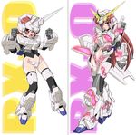  armor bikini_armor brown_hair clenched_hands dual_persona gundam gundam_unicorn hand_on_hip long_hair mecha_musume navel nt-d personification pink_eyes power_suit sakura_ryuuken shield short_hair transformation unicorn_gundam 