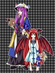 alternate_costume barefoot bat_wings book cigarette crescent hat head_wings koakuma long_hair mamedenchi multiple_girls pajamas patchouli_knowledge purple_eyes purple_hair red_eyes red_hair stuffed_toy touhou very_long_hair wings younger 