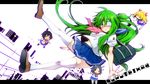  bag blush chibi city dutch_angle eyepatch floating green_eyes green_hair long_hair minaminamina multiple_girls school_bag school_uniform surumeika thighhighs very_long_hair 