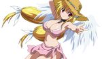  :&gt; absurdres angel angel_wings astraea bikini blonde_hair breasts cleavage hat high_res highres large_breasts pointing red_eyes sarong sora_no_otoshimono straw_hat swimsuit twintails vector vector_trace wings 