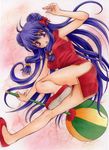  aoi_yuuka_(ao_no_kokoro) ball blue_hair china_dress chinese_clothes double_bun dress legs long_hair no_socks purple_eyes ranma_1/2 shampoo_(ranma_1/2) solo 