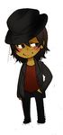  1boy artist_request black black_hair blush brown_eyes brown_hair brown_skin casual chibi dark_skin hat male male_focus simple_background smile solo tan white_background 