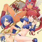  3girls 80s :&lt; armor asagiri_youko asagiri_youko_(cosplay) asou_yuuko bangs belt bikini_armor blue_hair buntan character_request chunsoft copyright_request cosplay dark_skin darkskin dragon_quest dragon_quest_iii enix genmu_senki_leda long_hair looking_at_viewer midriff miniskirt mugen_senshi_valis multiple_girls neckerchief oldschool open_mouth purple_hair red_hair shield side_ponytail skirt smile soldier_(dq3) soldier_(dq3)_(cosplay) sword telenet_japan valis valis_sword weapon 