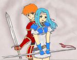  aqua_hair armor belt blue_eyes blue_hair couple fiora fiora_(fire_emblem) fire_emblem fire_emblem:_rekka_no_ken fire_emblem_blazing_sword gloves green_hair happy headband kent knight lance long_hair looking_back lowlegs open_mouth orange_eyes orange_hair pegasus_knight polearm short_hair smile sword weapon 